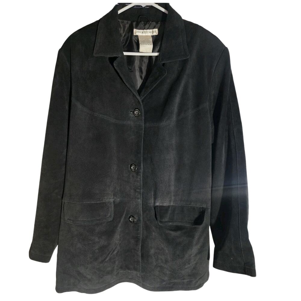 Vintage Jessica Holbrook Suede Leather Button Jacket L Black Work Barn Western